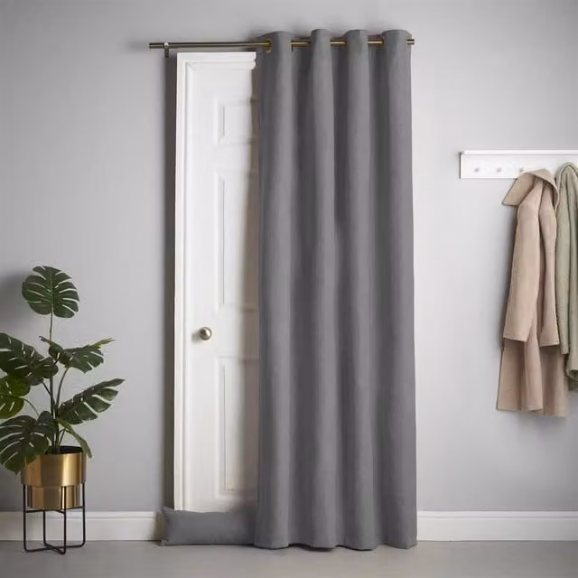 Alan Symonds Grey Velvet Chenille Blackout Door Curtain with Eyelets, Width: 137 cm, Height: 213 cm