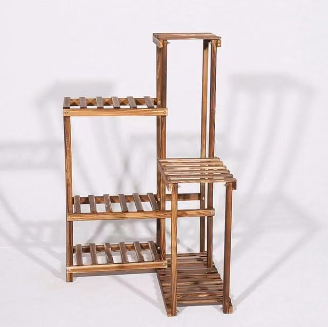 NESTLUNE 6-Tier Modern Corner Flower Planter Pot Stand in Brown Carbon Wood, W: 100 cm, D: 100 cm