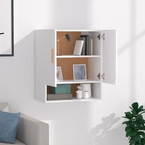 vidaXL Scandinavian White Wall Cabinet with Hinged Doors and Open Shelf, W/D/H: 60 x 31 x 70 cm – 2
