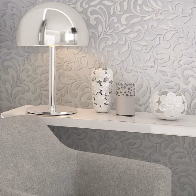 Galerie Olio Damask Floral Vinyl Wallpaper in White and Grey