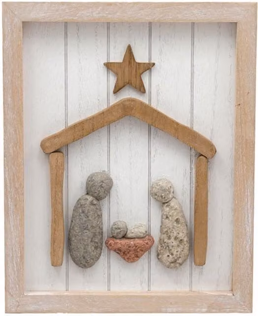 KDMK Pebble Nativity Stone Wall Art in Brown for Rustic Christmas Decor