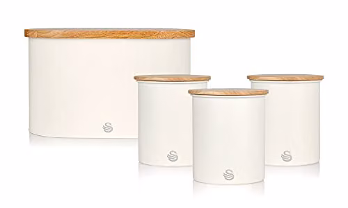 Swan Nordic Kitchen Accessory Set in White and Beige with Bread Bin, Cutting Board Lid and 3 Airtight Bamboo Lid Storage Canisters