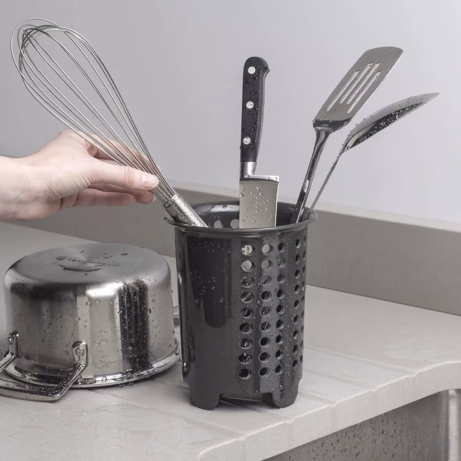 Zeal Melamine Cutlery Drainer and Utensil Pot in Grey, W/D/H: 14 x 14 x 17 cm – 4
