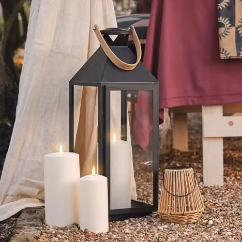Lights4fun Brixham Leather Handle Lantern Duo with TruGlow Candles in Black Metal – 3