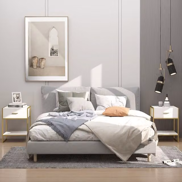HOMCOM Set of 2 Modern Bedside Tables in White and Gold