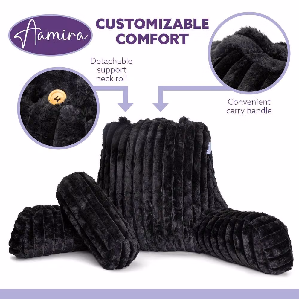 Aamira Black Faux Fur Ribbed Memory Foam Reading Pillow and Wedge Support Cushion – 4