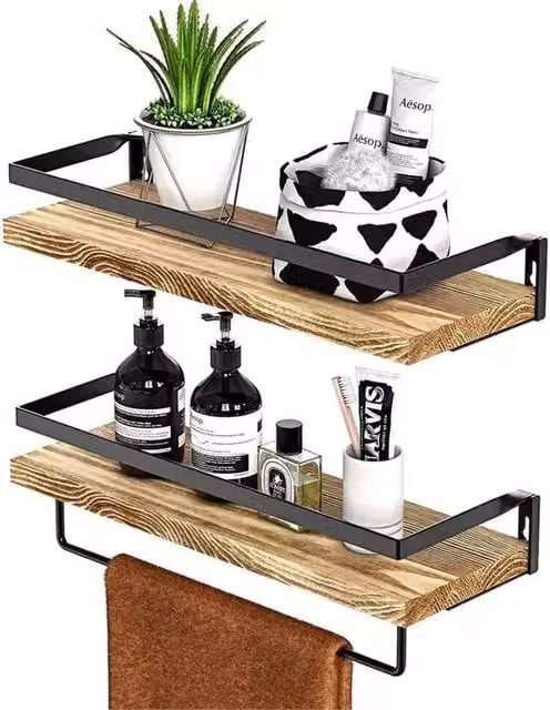 Nordara Set of 2 Rustic Brown and Black Wooden Floating Wall Shelves with Hanging Rod for Home or Office Storage