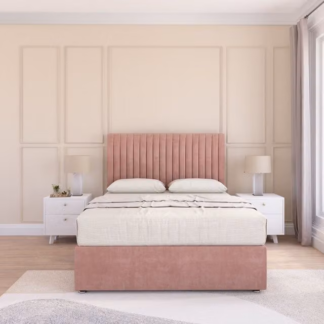 Sloomy Manhattan Pink Plush Velvet Memory Foam Hybrid Bed Set with Headboard, Single, W/D/H: 90 x 190 cm