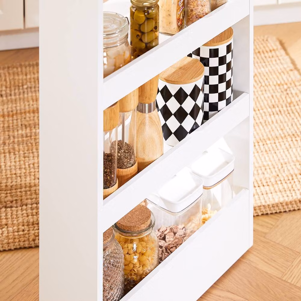 SoBuy Slim Freestanding Kitchen and Bathroom Trolley with Wood-Effect Top in White – 3