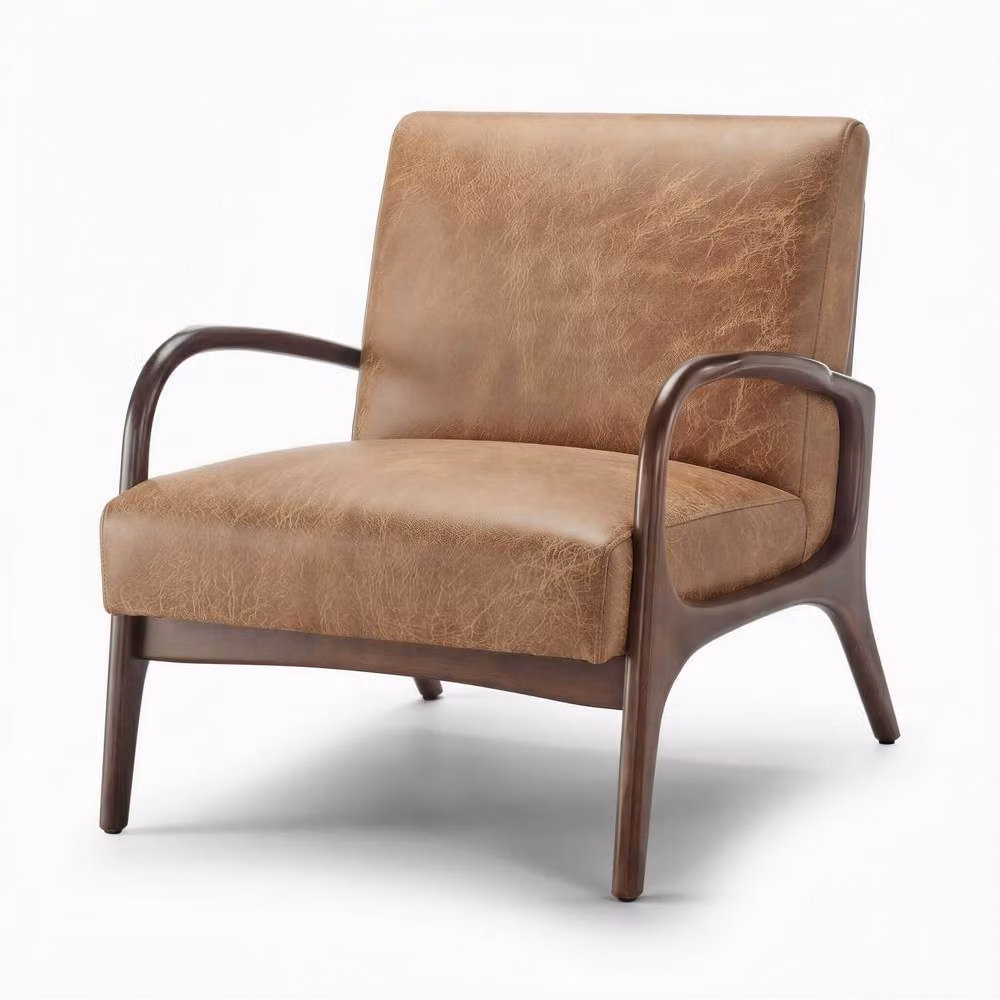 FurnitureboxUK Esmeray Mid Century Modern Accent Chair in Tan Faux Leather with Solid Rubberwood Frame – 2