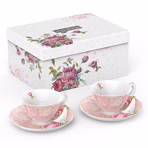 London Boutique Pink and White Floral Tea Cup and Saucer Set of 2 in New Bone China