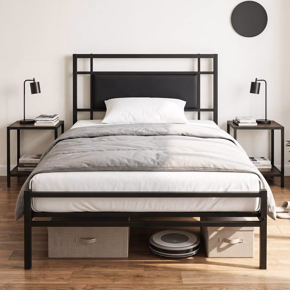 Gymax Single Bed Frame with Upholstered Headboard and Metal Slats, Black, 90 x 200 cm – 6