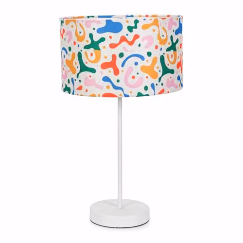 ValueLights White Metal Single Stem Table Lamp with Multicolour Kids Abstract Drum Lampshade and Included LED Bulb