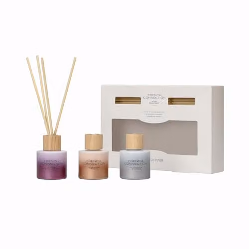 French Connection Scented Reed Diffuser Gift Set with Lavender, Peony and Truffle Fragrances, 3 x 50ml
