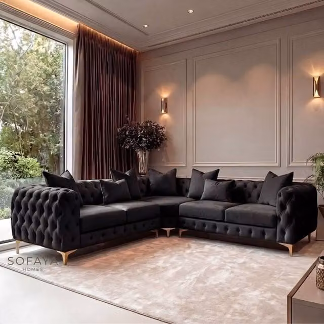 Sofaya Monaco 5 Seater Chesterfield Corner Sofa in Black Velvet with Left Facing Chaise, W: 220 cm, D: 70 cm – 1