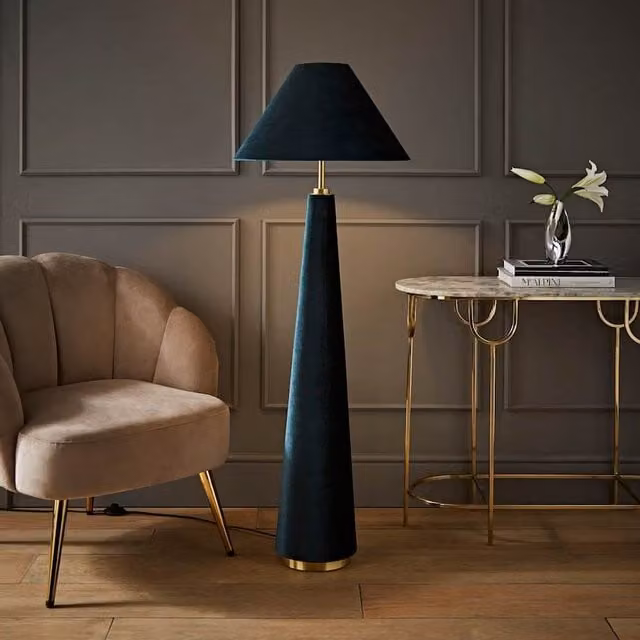 ValueLights Martha Conical Velvet Midi Floor Lamp in Blue and Gold/Brass