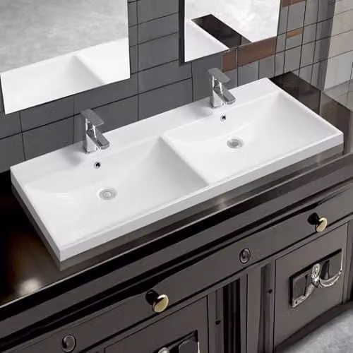 Limoge 5409 White Ceramic Double Inset Bathroom Basin with Dual Scooped Bowls, Rectangular Top-Mount Design, W: 120 cm, D: 27 cm, H: 16.5 cm – 1