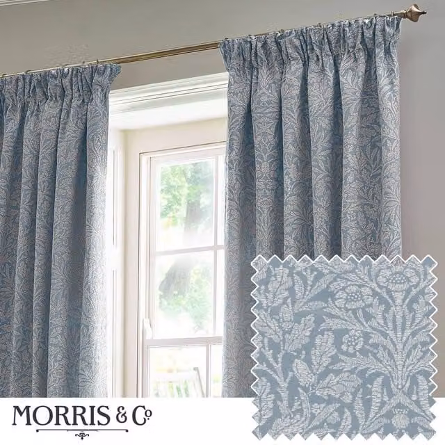Morris & Co Acorn Tonal Matt Jacquard Pencil Pleat Curtains in Baby Blue, Width: 229 cm, Drop: 183 cm