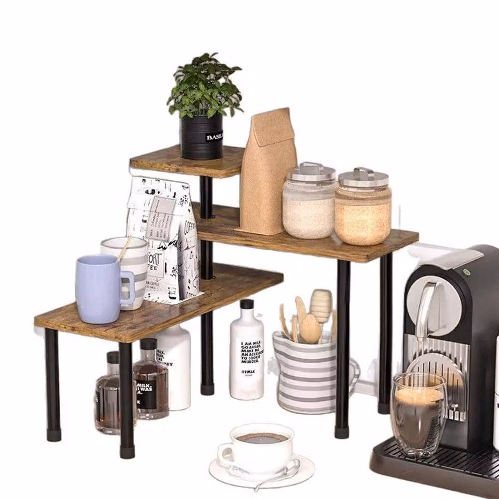 NESTLUNE Brown Wooden Multi-Tier Corner Storage Rack for Kitchen Organising W/D/H: 100 x 100 x 38 cm – 5