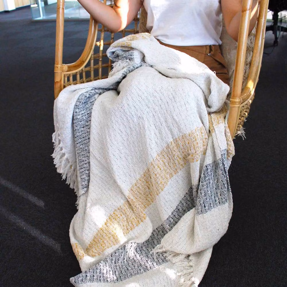 Four Candle Mellow Mattala Striped Boho Cotton Throw with Tassels in Beige, W/D: 150 x 120 cm – 3