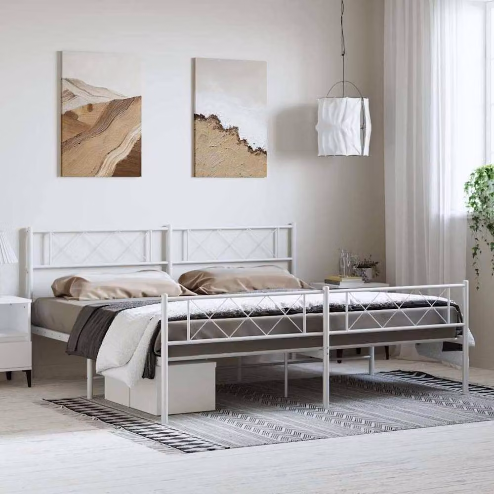 Berkfield Home Metal Bed Frame with Headboard and Footboard in White W: 183 cm, L: 213 cm – 2