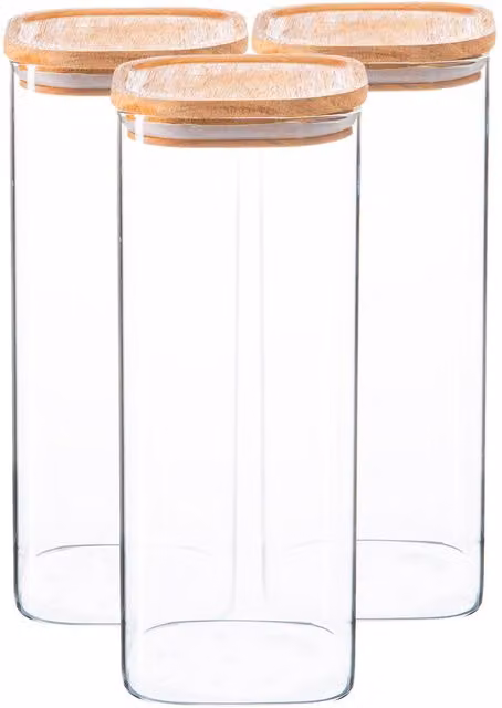 Argon Tableware Set of 3 Square Glass Storage Jars with Airtight Wooden Lids, 1.9 l, Clear
