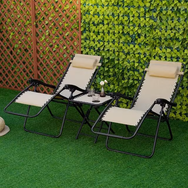 Outsunny Folding Zero Gravity Chairs and Table Set in Beige and Brown with Textilene Fabric and Powder Coated Steel Frame
