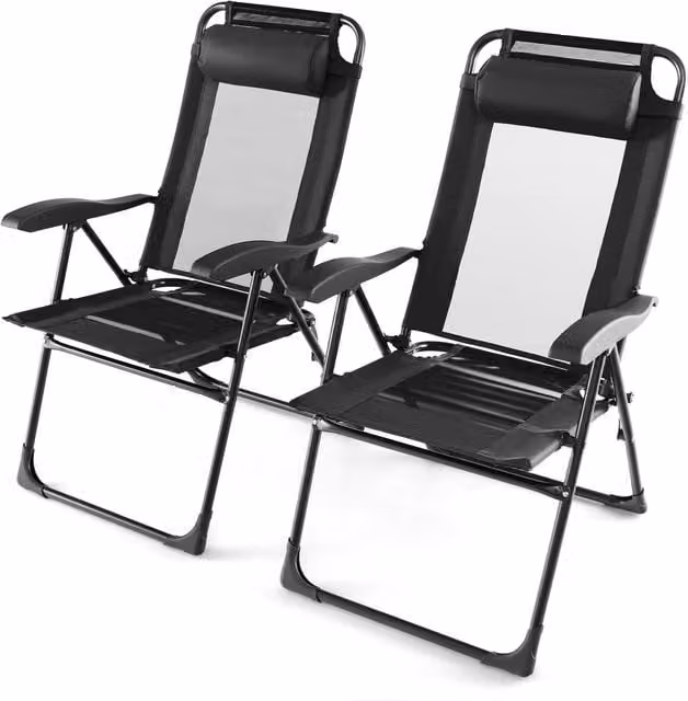 Costway Set of 2 Black Modern Patio Folding Chairs with Armrests and Textilene Fabric
