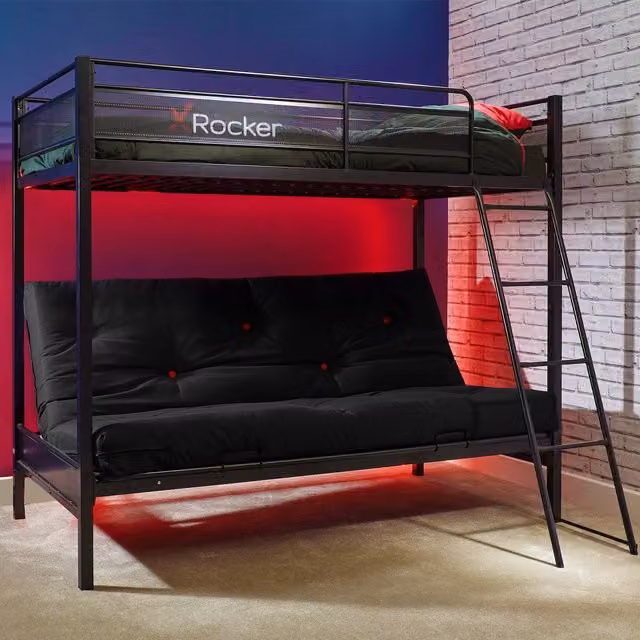 X Rocker Stronghold Gaming Triple Bunk Bed with Cotton Futon Cushion, Black