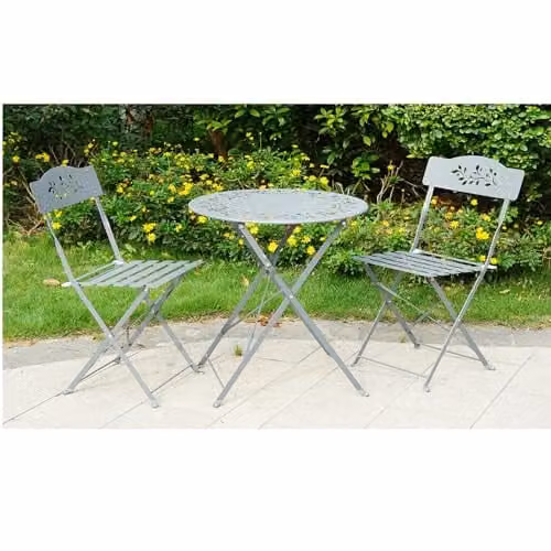 Gr8 Garden 3 Piece Grey Metal Bistro Furniture Set with Round Folding Table and 2 Folding Chairs featuring Floral Design