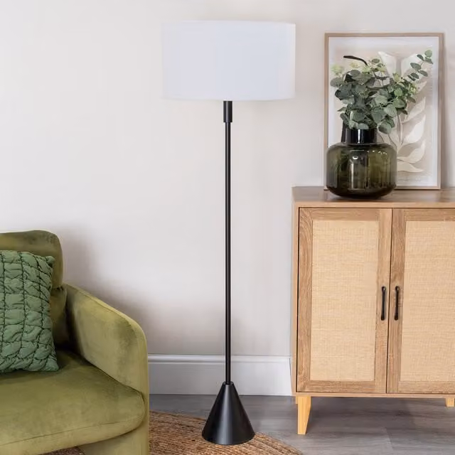 ValueLights Mitch Triangle Floor Lamp with Grey Fabric Drum Shade