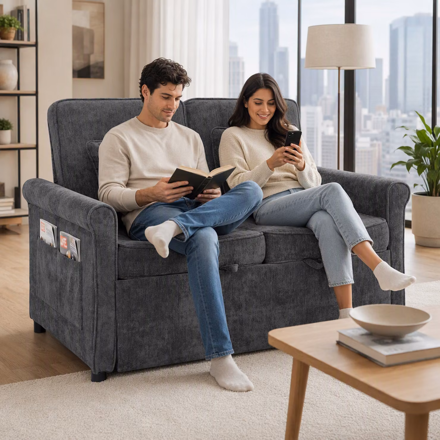 HOMCOM 2 Seater Convertible Chenille Sofa Bed in Grey with 5-Position Adjustable Backrest and Pull Out Sleeper Function, 140 x 190 cm – 8