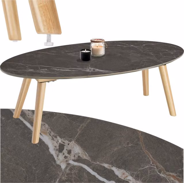 Tectake Nesting Coffee and Side Tables with Oval Marble Effect Composite Tops in Brown and Grey, W/D/H: 100 x 50 x 34.5 cm