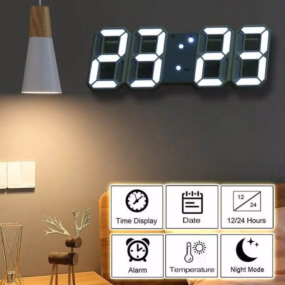 NESTLUNE White 3D LED Digital Clock with Electronic Alarm Display for Table or Wall – 3