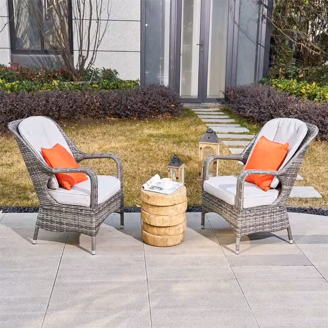Abrihome Modern Rattan Set of 2 Chairs and Tea Side Table in Grey
