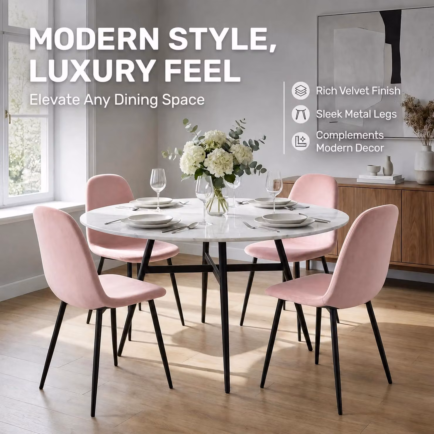 Bravich LTD Ron Velvet Dining Chairs in Pink, Pack of 4 – 3
