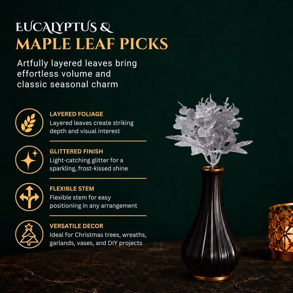 Shatchi Silver Glitter Eucalyptus and Maple Leaf Pick, 12 Pack, Height: 17 cm – 8