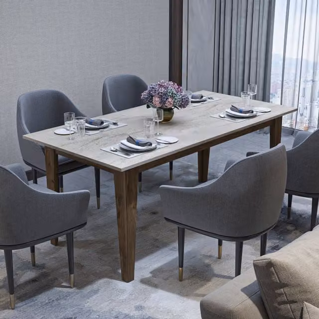 Decorotika Polka Modern Rectangle Dining Table in Beige Travertine