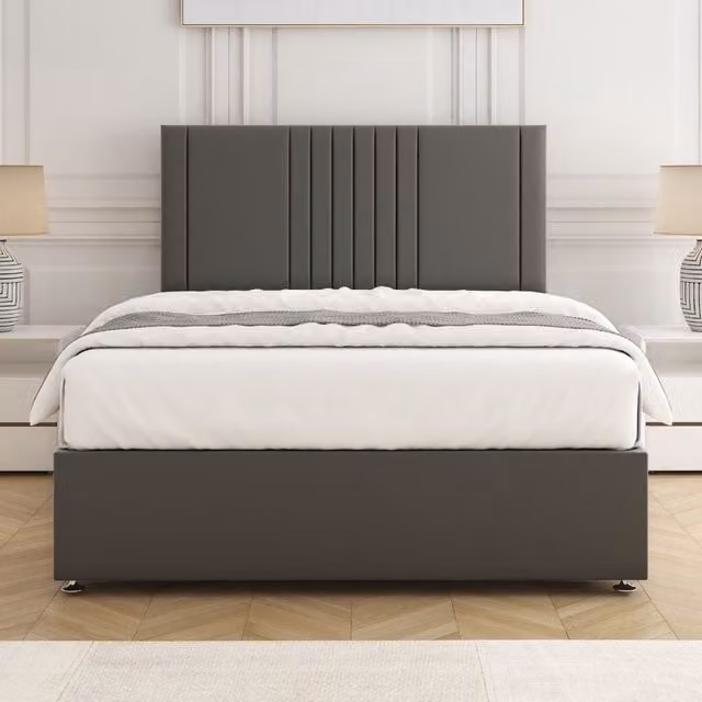 BSSPOKE Monaco Grey Velvet Plush Divan Bed Set with 24 inch Headboard and Mattress, W/D/H: 140 x 200 cm