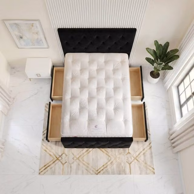 Somnior Ziggy Small Double Velvet Divan Bed with 4 Drawers, Headboard and Footboard, Black, W/D/H: 120 x 200 x 28 cm