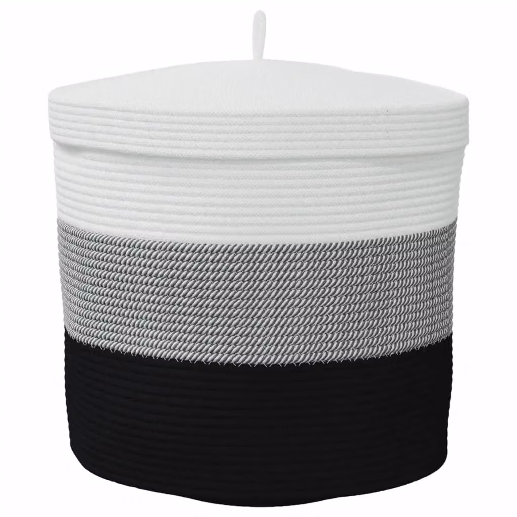 Berkfield Cotton Home Storage Basket with Lid in White and Black, W: 40 cm, H: 35 cm – 3