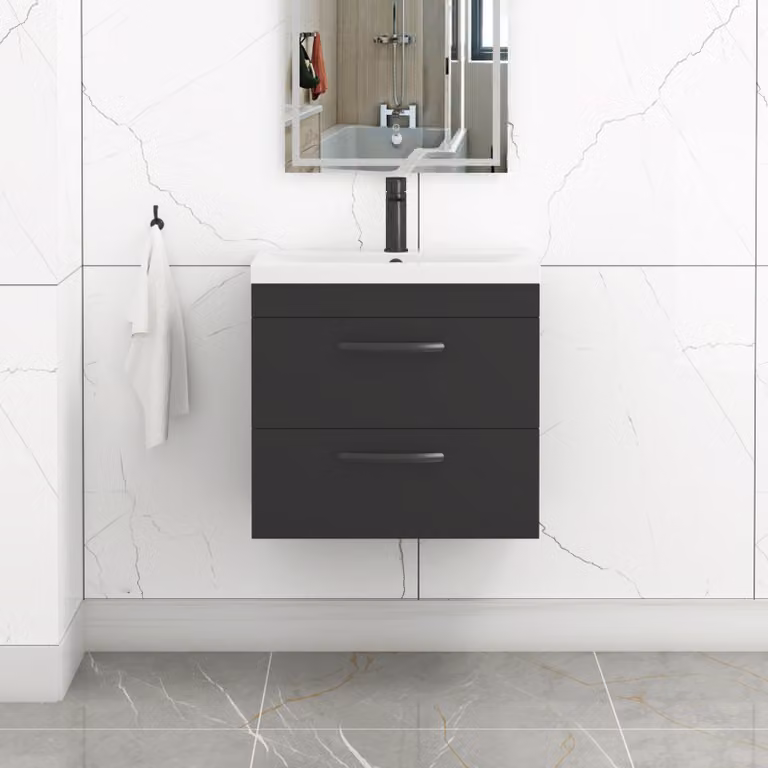 Royal Bathrooms Turin 600mm Wall Hung Vanity Unit in Matt Black with 2 Drawers and Mid-Edge Basin