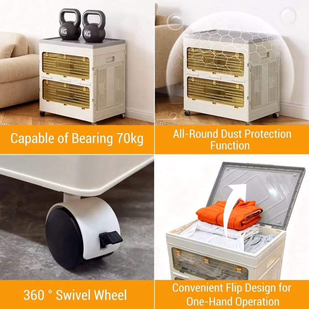 VOGREX 135L Foldable Storage Box with Lid and Wheels, Stackable, Multicolour and White – 2