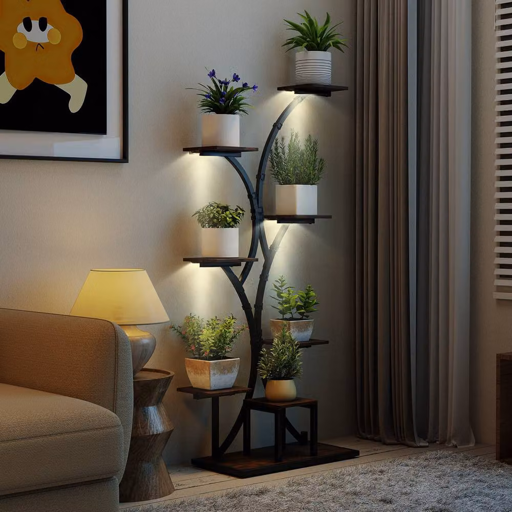Gymax 8-Tier Metal Indoor Plant Stand with Grow Lights in Brown – 2
