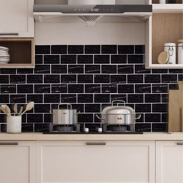 Livingandhome 10-Piece Black Marble Effect Adhesive Wall Tile Stickers