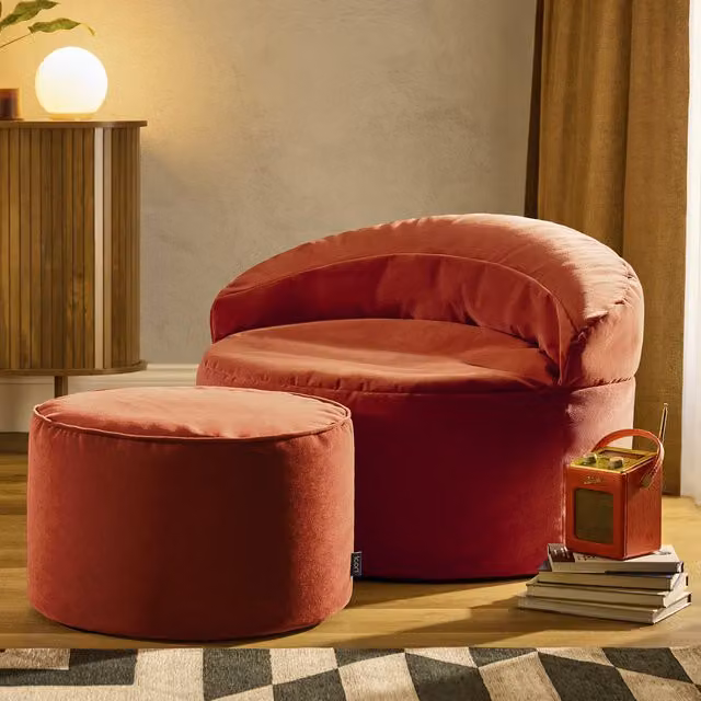 ICON Orb Accent Chair and Milano Round Footstool in Matt Velvet, Spicy Terracotta