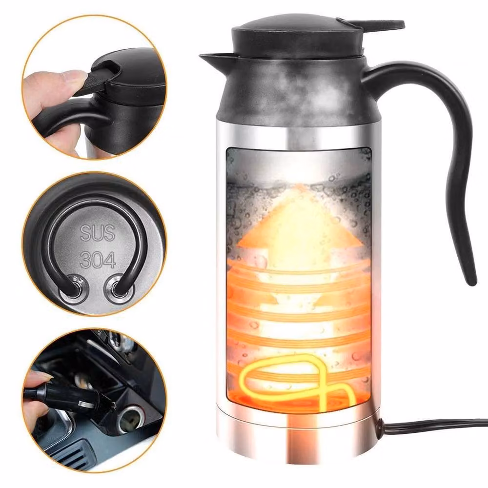 FLAVORA 12V Portable Car Electric Kettle, 750ml, Stainless Steel, Silver – 6