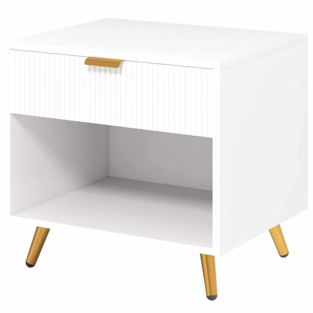 Wyld Haus Sedora Vela White and Gold Bedside Table with Ribbed Drawer and Shelf – 2