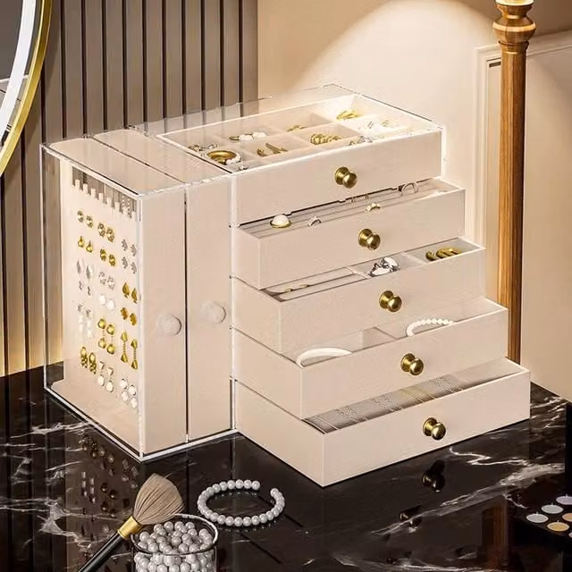 FORGEVIO Large Capacity Jewellery Box Storage Organiser with 5 Drawers in Beige – 1