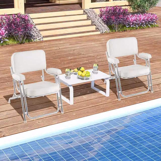 Costway White Folding Boat Seat with Armrests and Synthetic Leather Upholstery